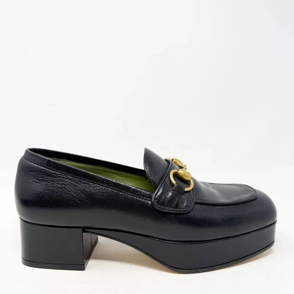 Gucci Houdan Horsebit Platform Loafers Black Leather Womens Size EU 36